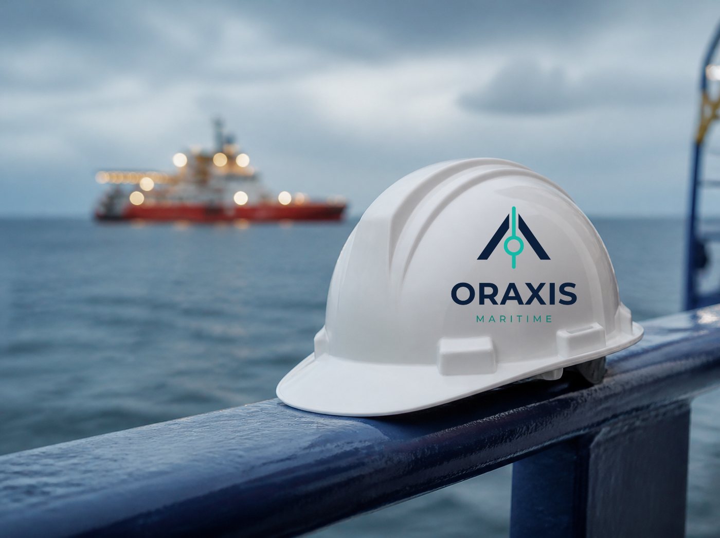 Oraxis Maritime hard hat on a ship's rail