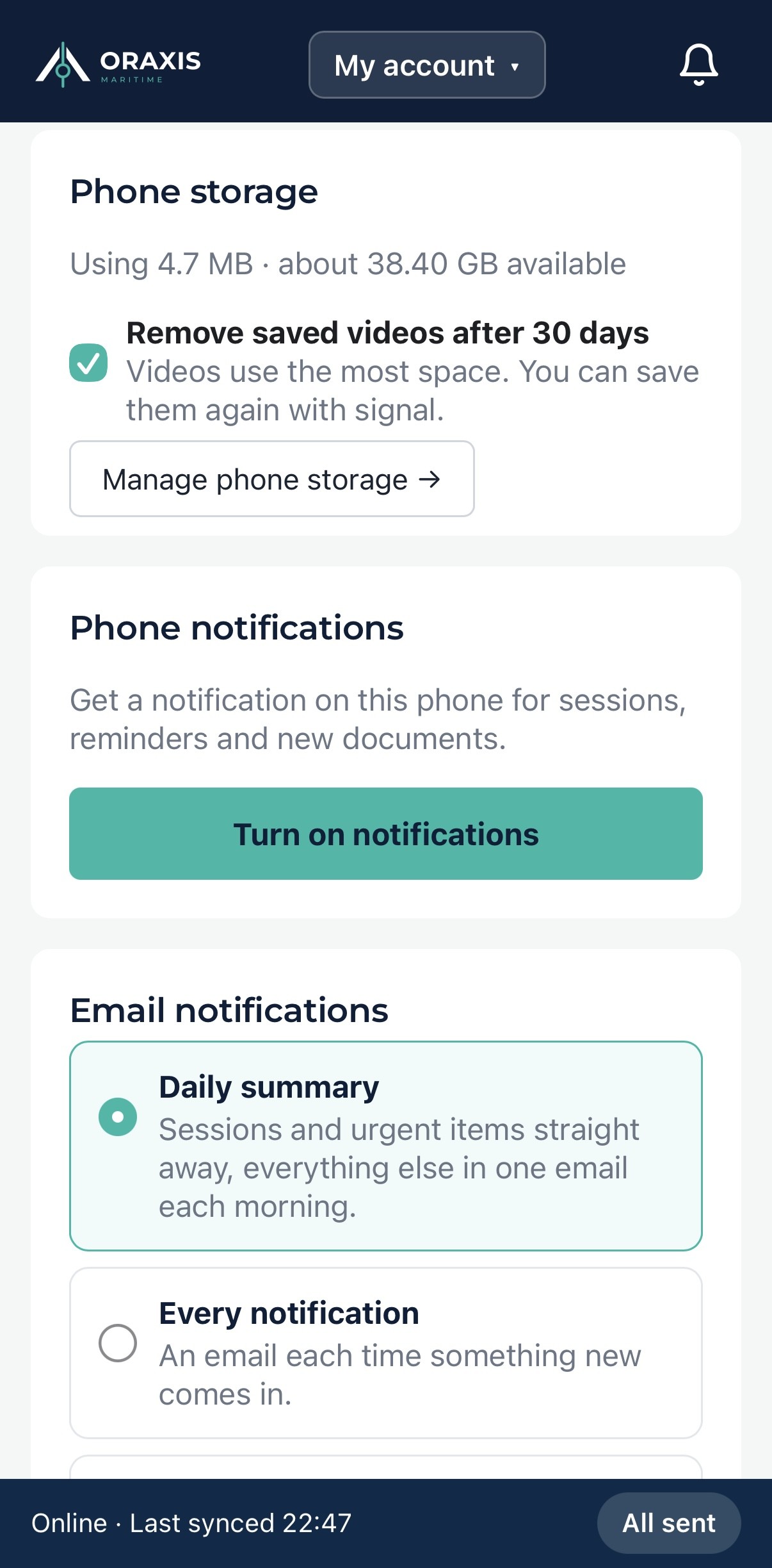 Crew app phone storage and notification settings