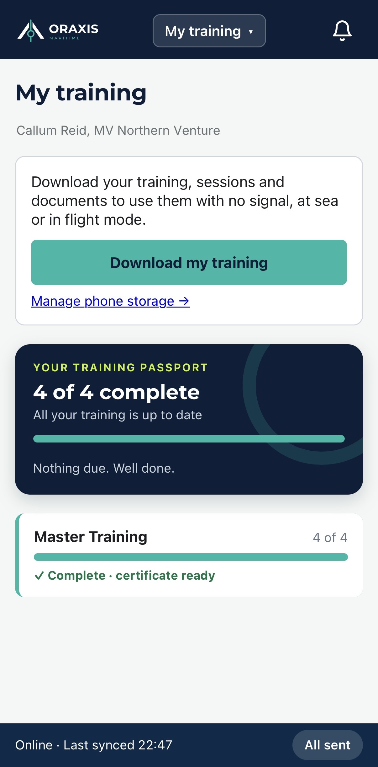 Oraxis crew app showing a completed training passport